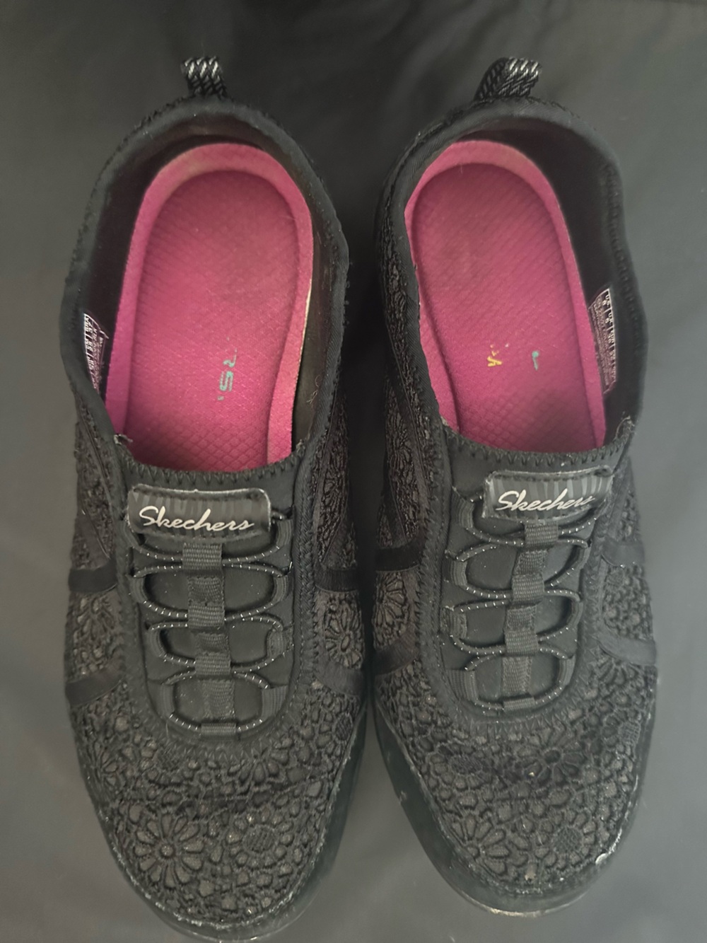 Skechers Black Floral Lace Slip-On Sneakers with Pink Insole